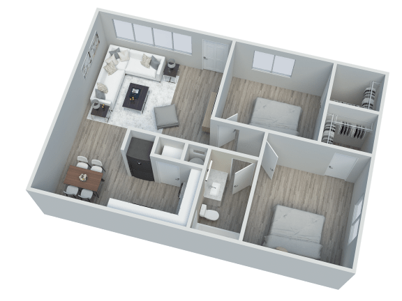 a 3d floor plan of a 1 bedroom apartment