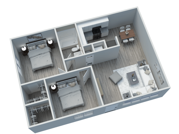 a 3d floor plan of a small apartment
