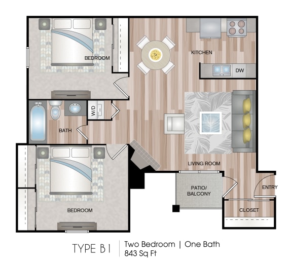 2 bed 1 bath floor plan