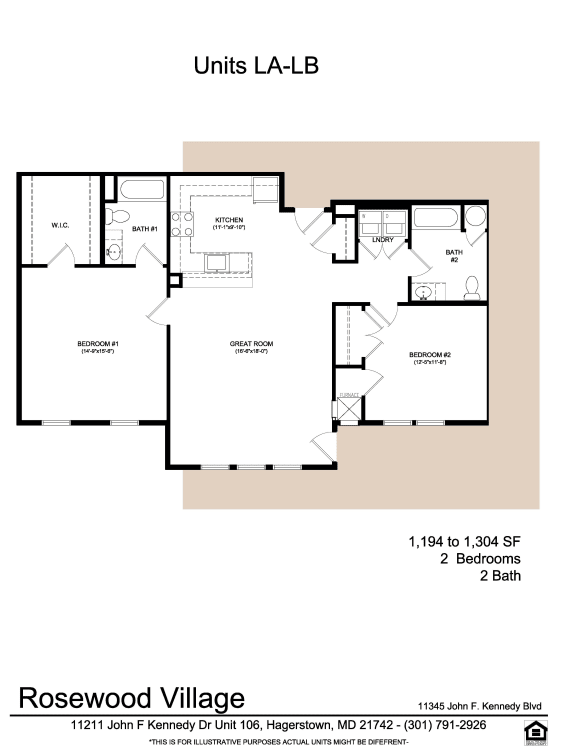 2 Bed 2 Bath Floor Plan at Rosewood Village, Maryland, 21742