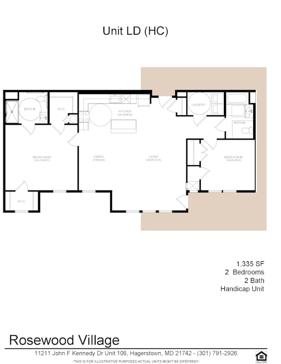 A floor plan for a Rosewood Village unit with a living room, dining room, kitchen, two bedrooms, and a bathroom.