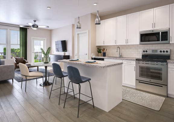 a kitchen and living room with an island and stools