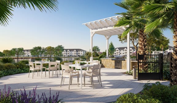 a rendering of a patio with tables and chairs and a white canopy