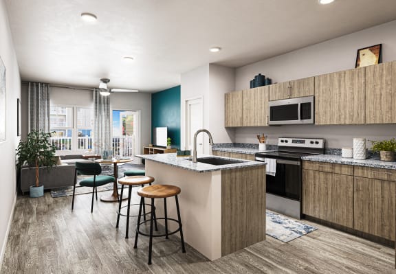 a kitchen and living room with a bar and stools