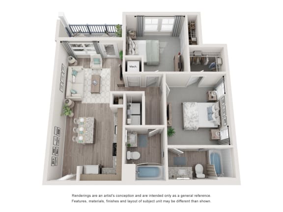 a 3d floor plan of a residence with a bedroom and living room