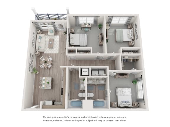 a 3d floor plan of a residence with a bedroom and living room