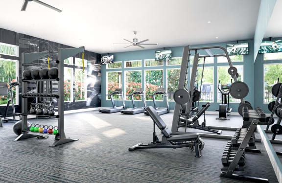 a large fitness room with cardio equipment and large windows