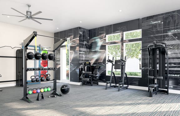 a home gym with a black wall and a large window