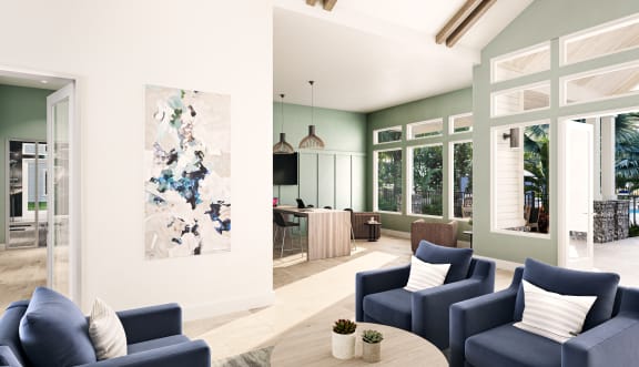 a living room with blue couches and a coffee table