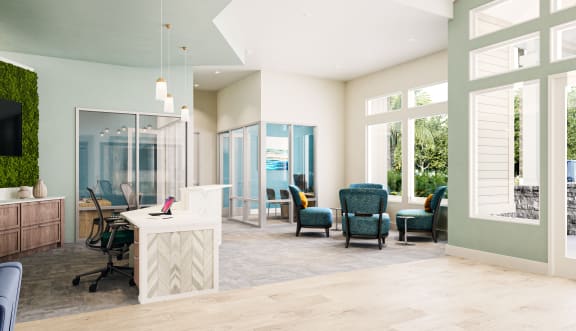 a lobby with a reception desk and chairs