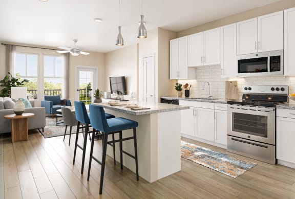 an open kitchen and living room with an island with blue chairs