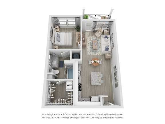 1 Bed 1 Bath 3-D Floorplan