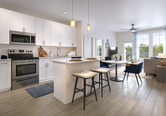 a kitchen and living room with an island and stools