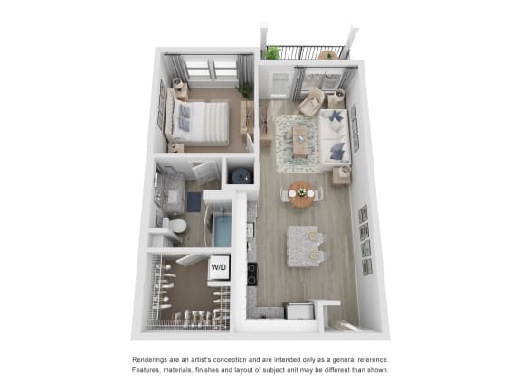 a stylized floor plan with a bedroom and a living room