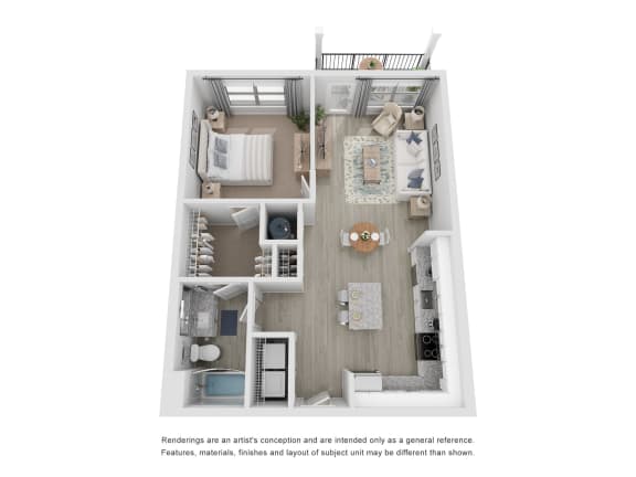 a stylized floor plan with a bedroom and a living room