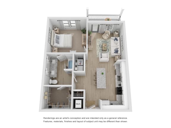 A2 floor plan 1 bed, 1 bath