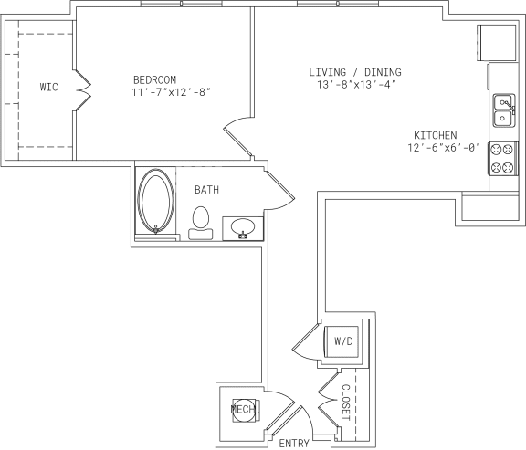 Floor Plan  2-A2 1 Bed 1 Bath Floor Plan at Mira Upper Rock, Rockville, MD, 20850