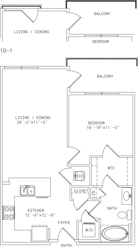 2-A1 1 Bed 1 Bath Floor Plan at Mira Upper Rock, Rockville, 20850