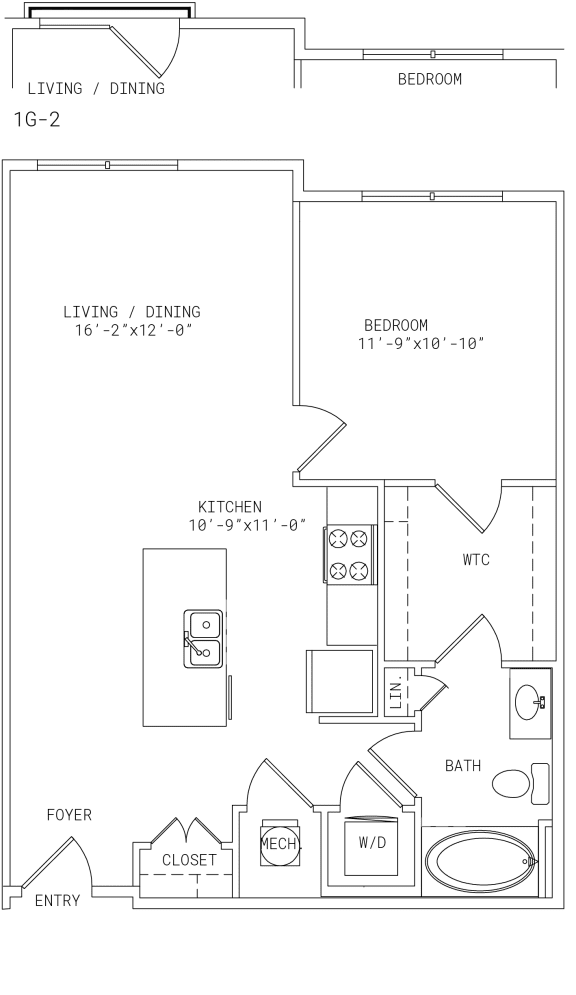 2-A4 1 Bed 1 Bath Floor Plan at Mira Upper Rock, Rockville, 20850