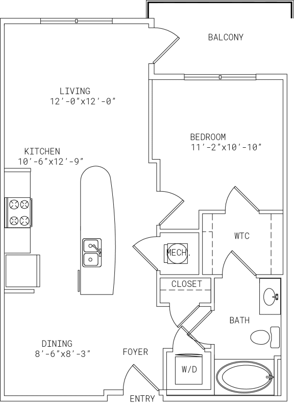 2-A6 1 Bedroom 1 Bathroom Floor Plan 2-A6 1 Bedroom 1 Bathroom Floor Plan at Mira Upper Rock, Rockville