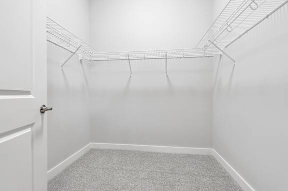 A white closet with a carpeted floor and a white door.
