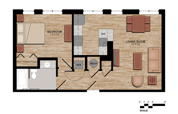 A floor plan of a house with a living room, bedroom, and bathroom.