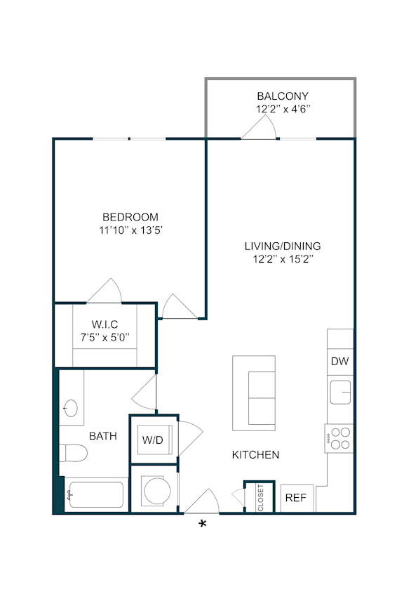 One bedroom floor plan with balcony at The Terrace Apartments, Frederick