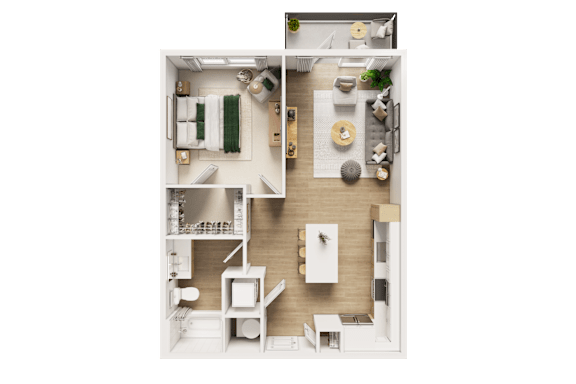 A top-down view of a small, neatly organized apartment.