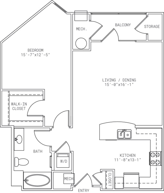 1-A11 1 Bed 1 Bath Floor Plan 1-A11 1 Bed 1 Bath Floor Plan at Mira Upper Rock, Rockville, 20850