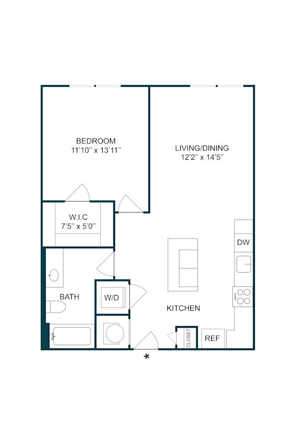 1 bedroom apartment floor plan layout at The Terrace Apartments, Maryland, 21701