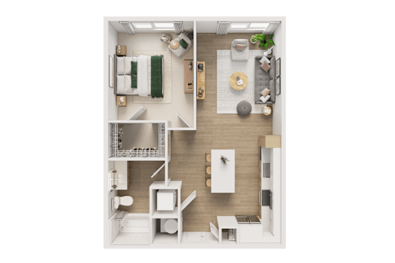 A top-down view of a well-organized, modern bedroom with a green accent.