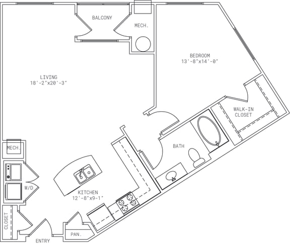 1-A14 1 Bedroom 1 Bath Floor Plan at Mira Upper Rock, Maryland, 20850
