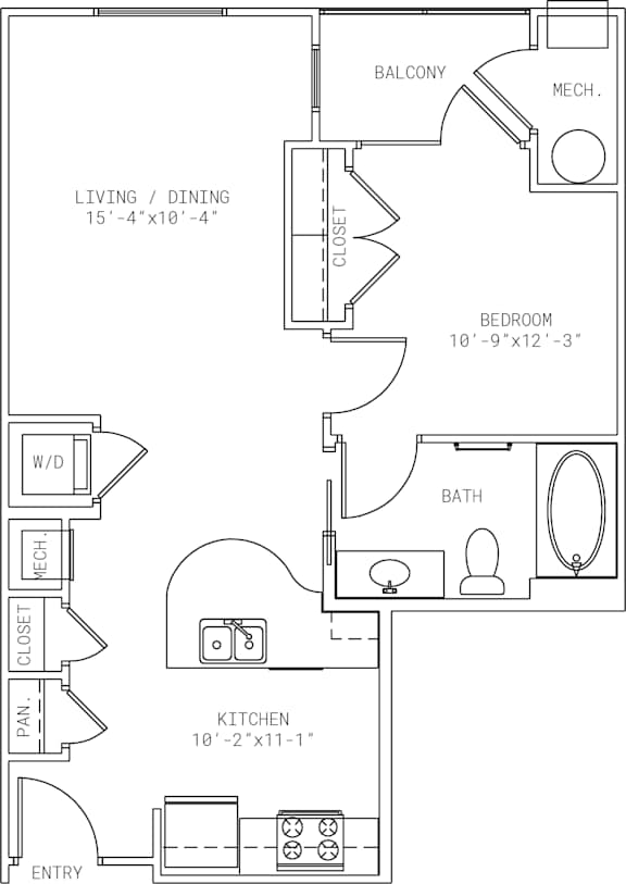 1-A15 1 Bed 1 Bath Floor Plan at Mira Upper Rock, Rockville, MD, 20850