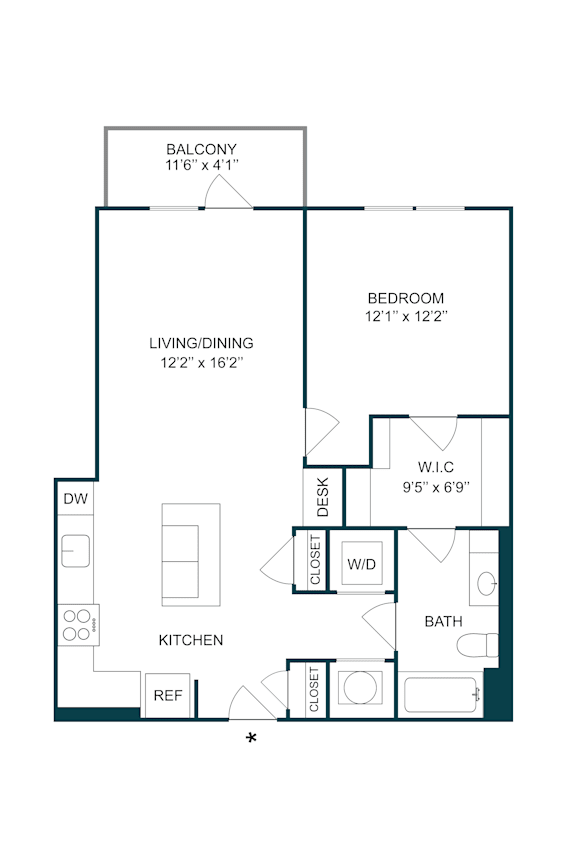 One bedroom apartment floor plan layout at The Terrace Apartments, Frederick, MD