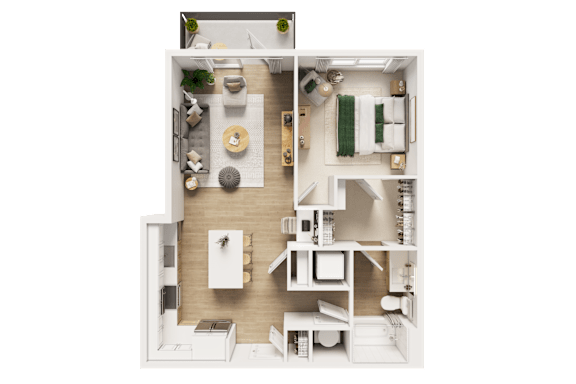 A top-down view of a well-organized, modern apartment layout.