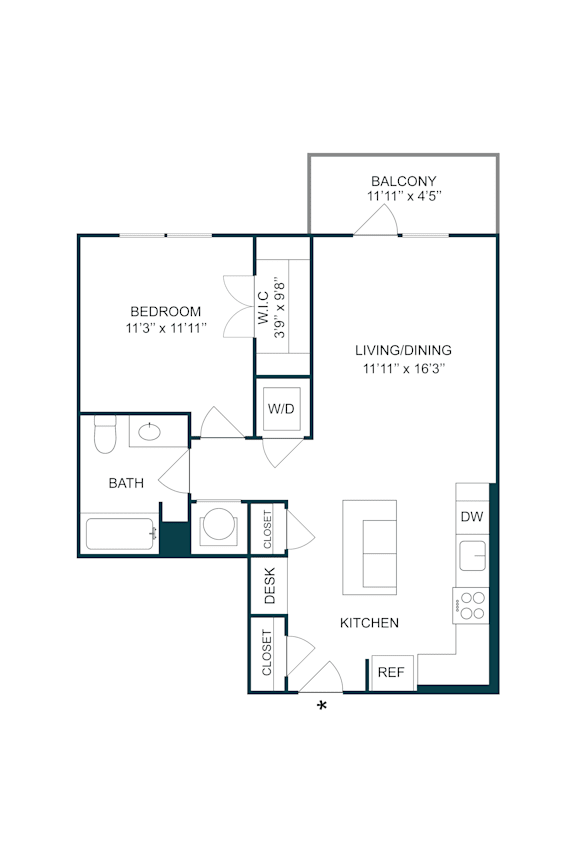 One bedroom apartment floor plan with balcony at The Terrace Apartments, Frederick, Maryland