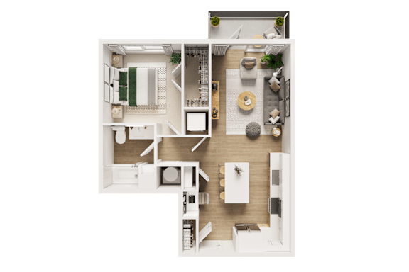 A top-down view of a house layout with a kitchen, living room, and bedrooms.