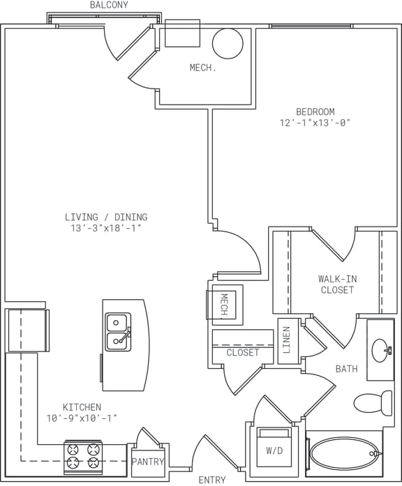 1-A1 1 Bed 1 Bath Floor Plan at Mira Upper Rock, Maryland, 20850