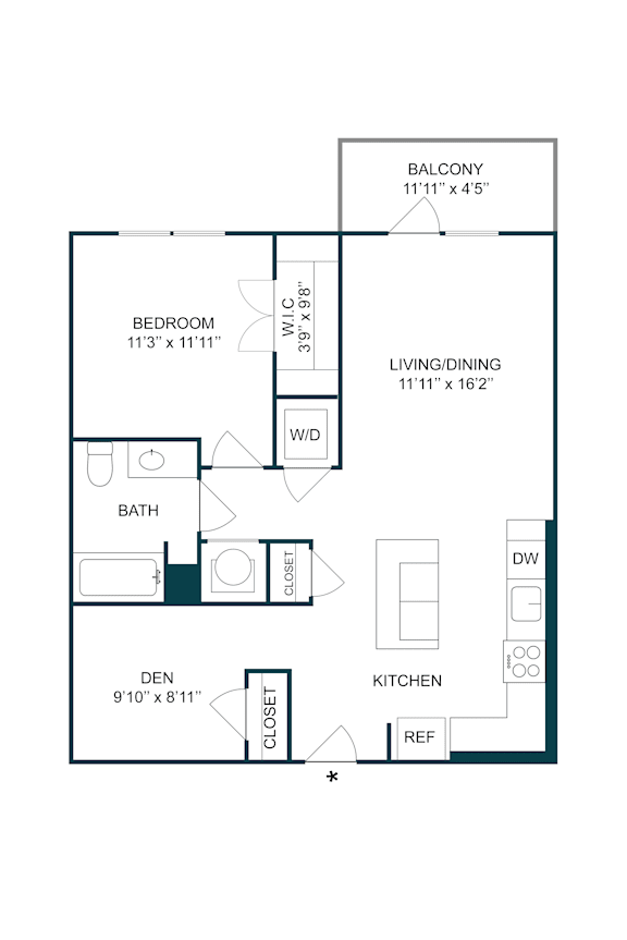 One bedroom den floor plan with balcony at The Terrace Apartments, Maryland