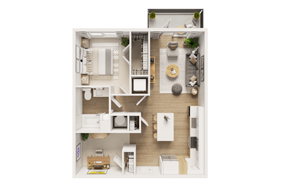 A top-down view of a well-organized apartment with a kitchen, living room, and bathroom.