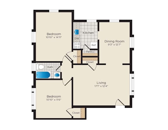 2 Bed 1 Bathroom Floorplan at Falkland Chase, Silver Spring, MD