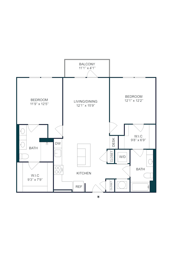 Two bedroom floor plan with bathrooms at The Terrace Apartments, Frederick, MD 21701