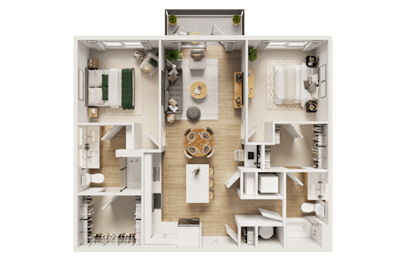 A detailed 3D floor plan of a modern apartment layout.