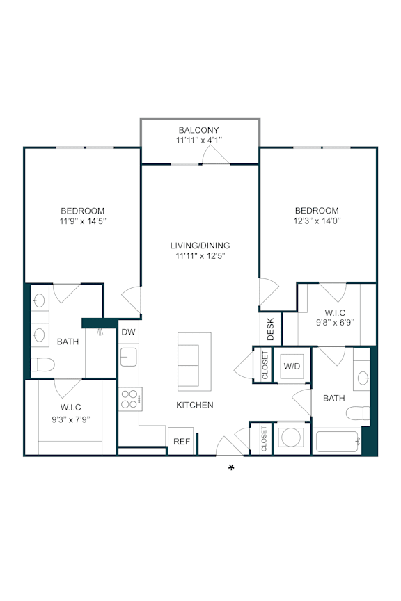 Two bedroom apartment floor plan layout at The Terrace Apartments, Frederick, 21701