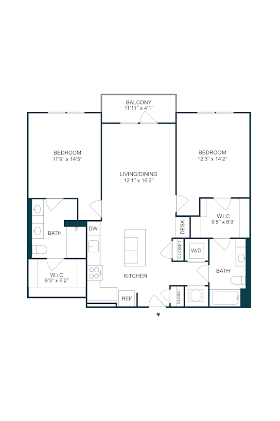 Two bedroom floor plan with dual bathrooms at The Terrace Apartments, Frederick