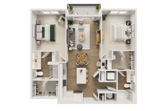 A detailed 3D floor plan of a small apartment layout.