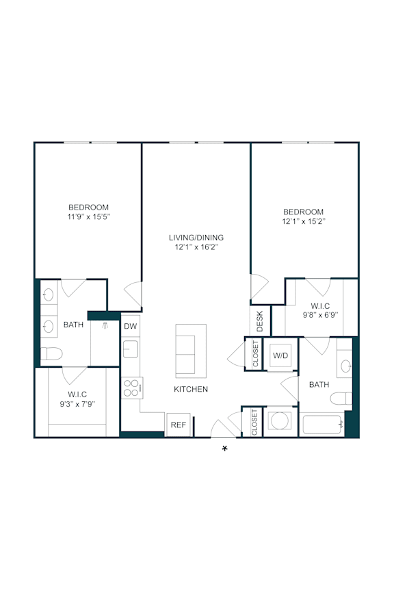 Two bedroom floor plan with walk-in closets at The Terrace Apartments, Maryland, 21701