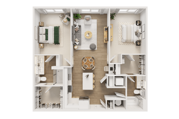 A top-down view of a well-organized apartment with a kitchen, living room, and bedroom.