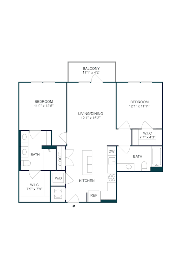 2 bedroom floor plan with walk-in closets at The Terrace Apartments, Frederick, MD