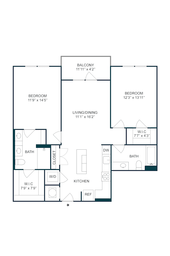 Two bedroom floor plan with dual walk-in closets at The Terrace Apartments, Frederick, Maryland